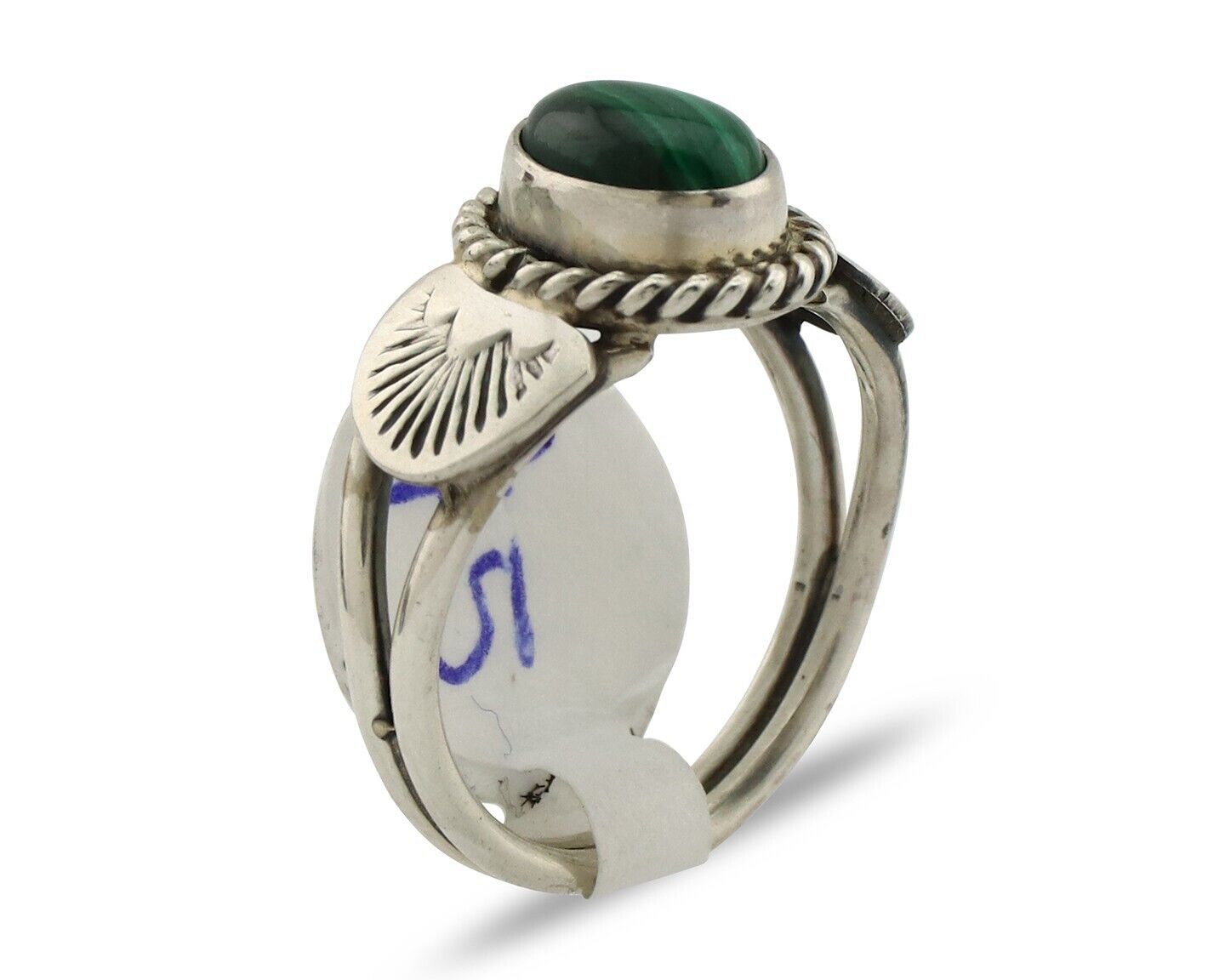 Navajo Ring .925 Silver Malachite Hand Stamped Native American Artist C.80's