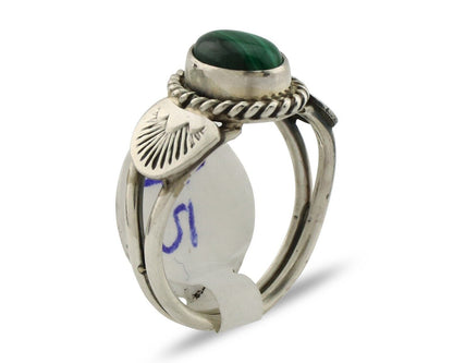 Navajo Ring .925 Silver Malachite Hand Stamped Native American Artist C.80's