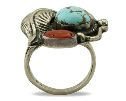 Navajo Ring 925 Silver Coral & Globe Turquoise Native American Artist C.80's