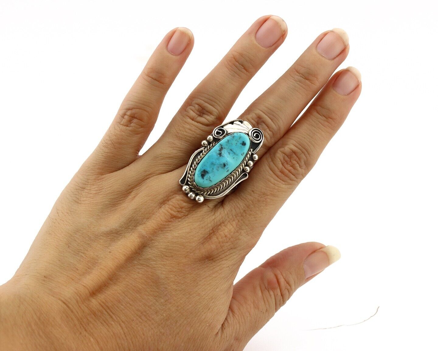 Navajo Inlay Band Ring 925 Silver Sleeping B Turquoise Signed Justin Morris C80s