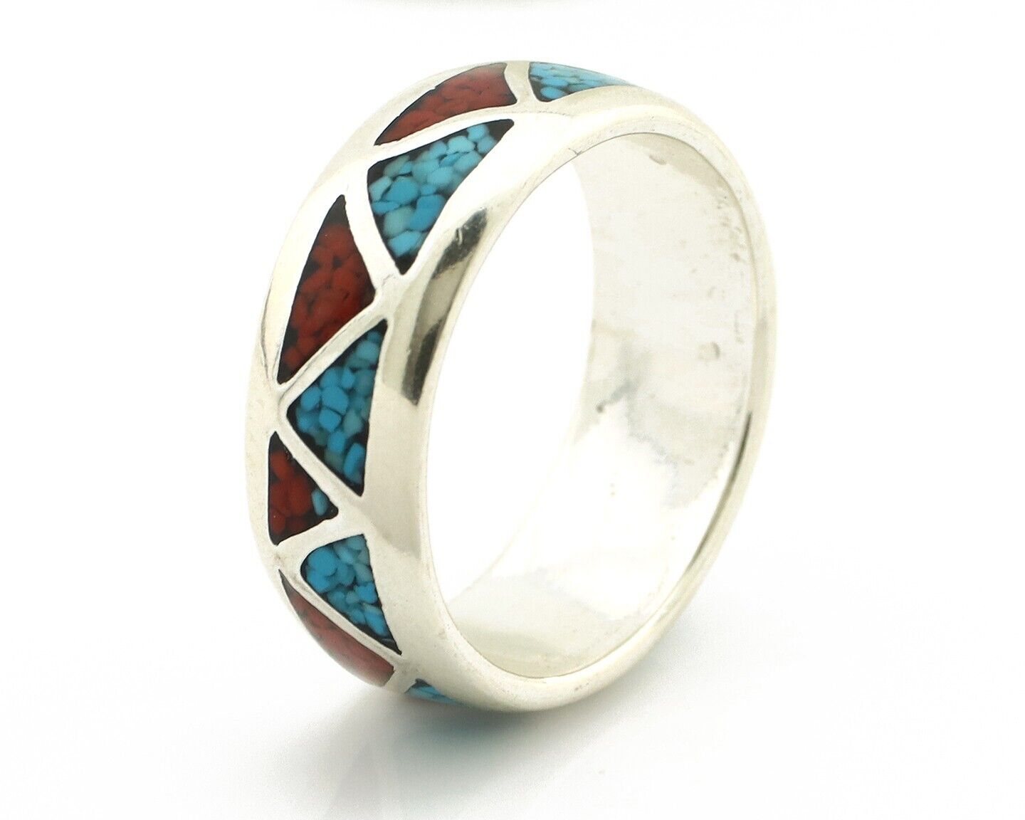Navajo Chip Inlay Ring 925 Silver Sleeping Beauty Turquoise & Coral Silver Cloud