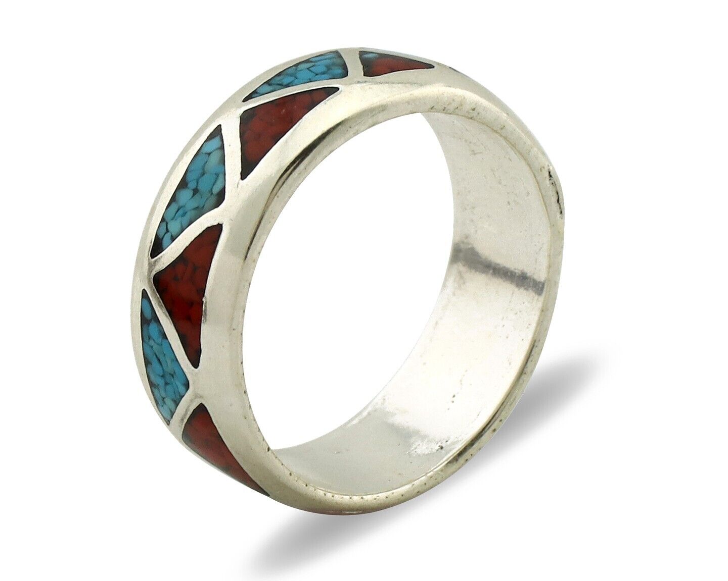Navajo Chip Inlay Ring 925 Silver Sleeping Beauty Turquoise & Coral Silver Cloud