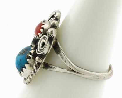Navajo Ring .925 Silver Morenci Turquoise & Coral Native Artist Signed JM C.80's