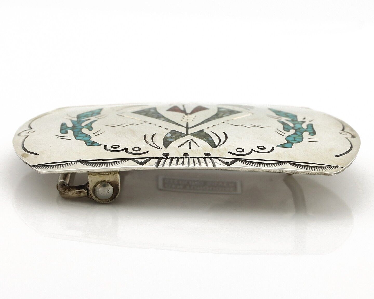 Navajo Belt Buckle 925 Silver Handmade Chip Inlay Artist Signed Henry Baca C.80s