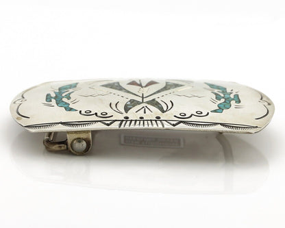 Navajo Belt Buckle 925 Silver Handmade Chip Inlay Artist Signed Henry Baca C.80s