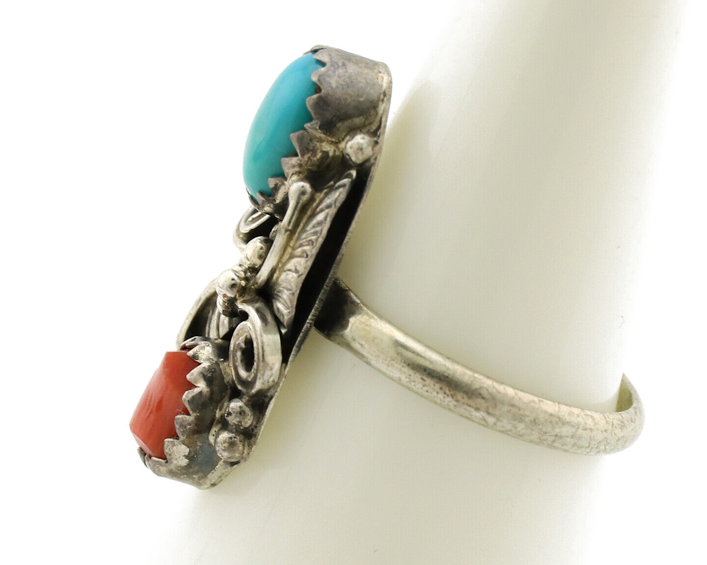 Navajo Ring 925 Silver Coral & Turquoise Handmade Native American Artist C.1980s