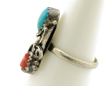 Navajo Ring 925 Silver Coral & Turquoise Handmade Native American Artist C.1980s