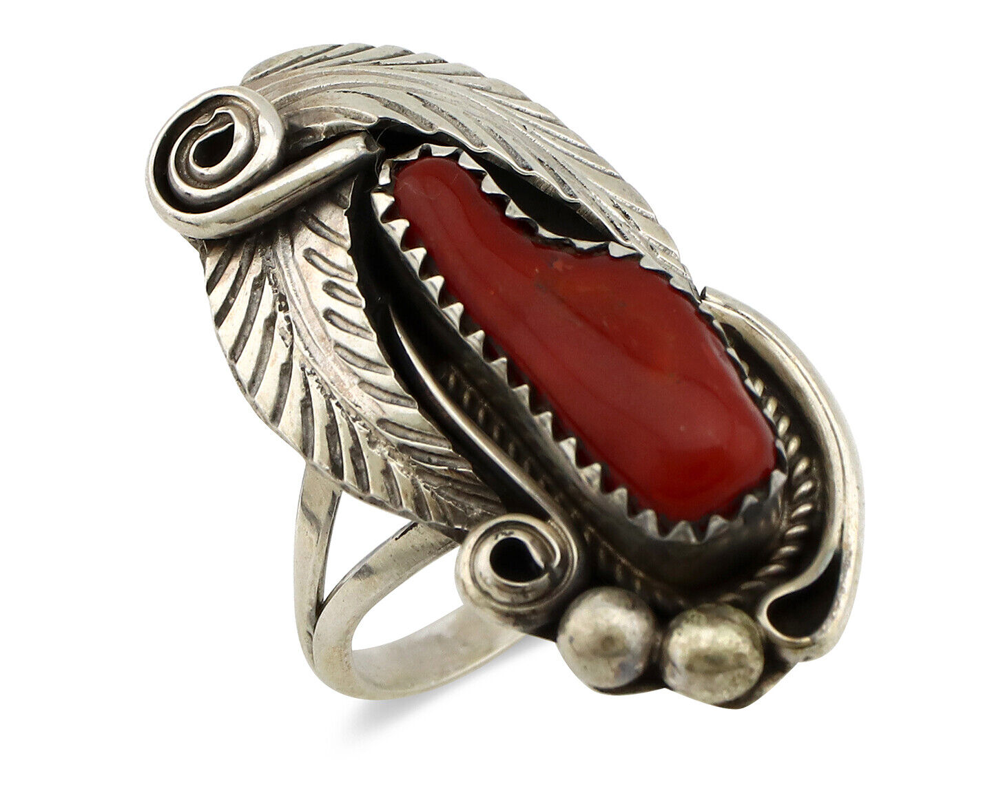 Navajo Ring 925 Silver Mediterranean Coral Artist Signed Justin Morris C.80's