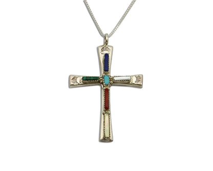 Zuni Handmade Cross Necklace 925 Silver Natural Gemstone Signed L. IULE C.80's