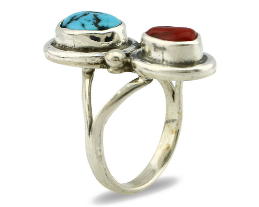 Navajo Ring .925 Silver Red Coral & Blue Turquoise Native Artist C.80's
