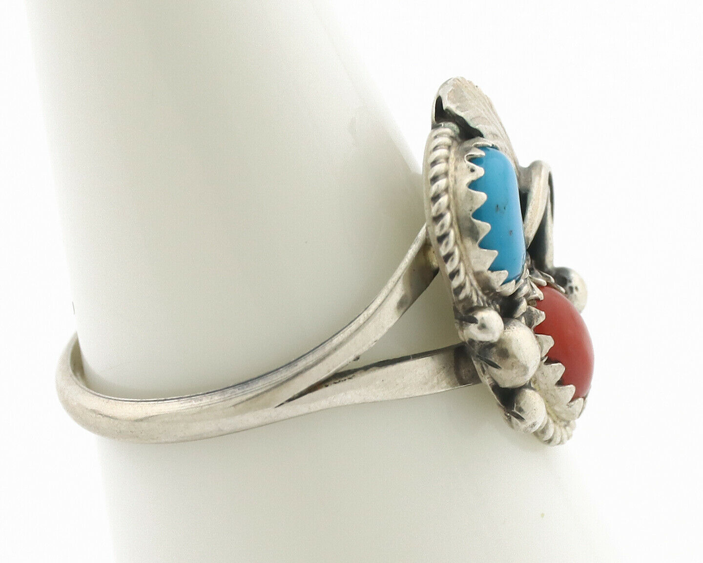 Navajo Ring .925 Silver Morenci Turquoise & Coral Native Artist Signed JM C.80's
