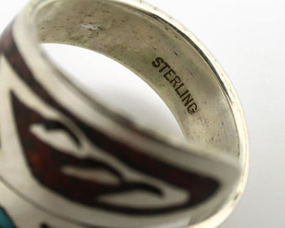 Navajo Chip Inlay Ring 925 Silver Turquoise & Coral Artist Native Artist C.80's