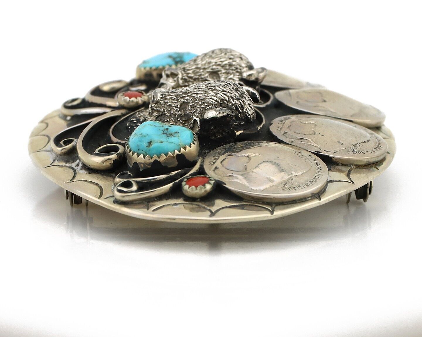 Navajo Buffalo Belt Buckle Nickle Silver Gemstone Handmade Native American C.80s