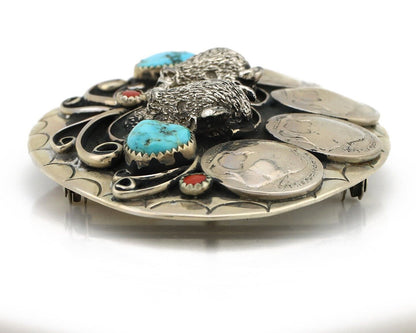 Navajo Buffalo Belt Buckle Nickle Silver Gemstone Handmade Native American C.80s