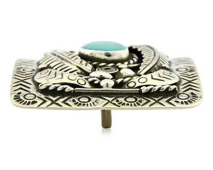 Navajo Belt Buckle .925 Silver Morenci Turquoise Artist Signed Tipi C.80's