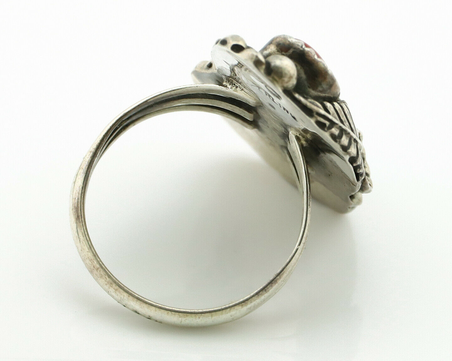 Navajo Ring .925 Silver Turquoise & Coral Artist Signed Thomas Singer C.80's