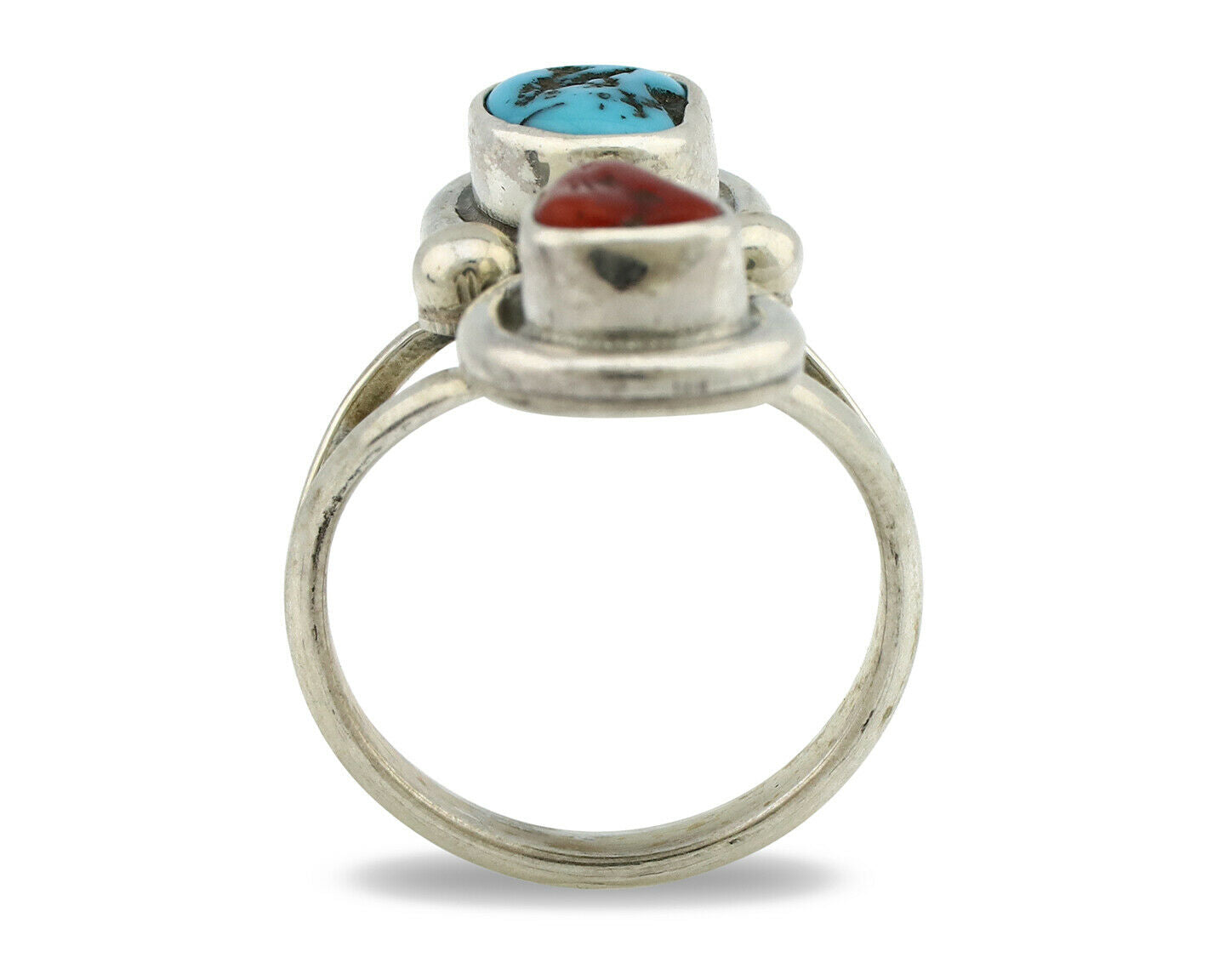 Navajo Ring .925 Silver Red Coral & Blue Turquoise Native Artist C.80's