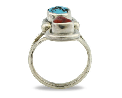 Navajo Ring .925 Silver Red Coral & Blue Turquoise Native Artist C.80's