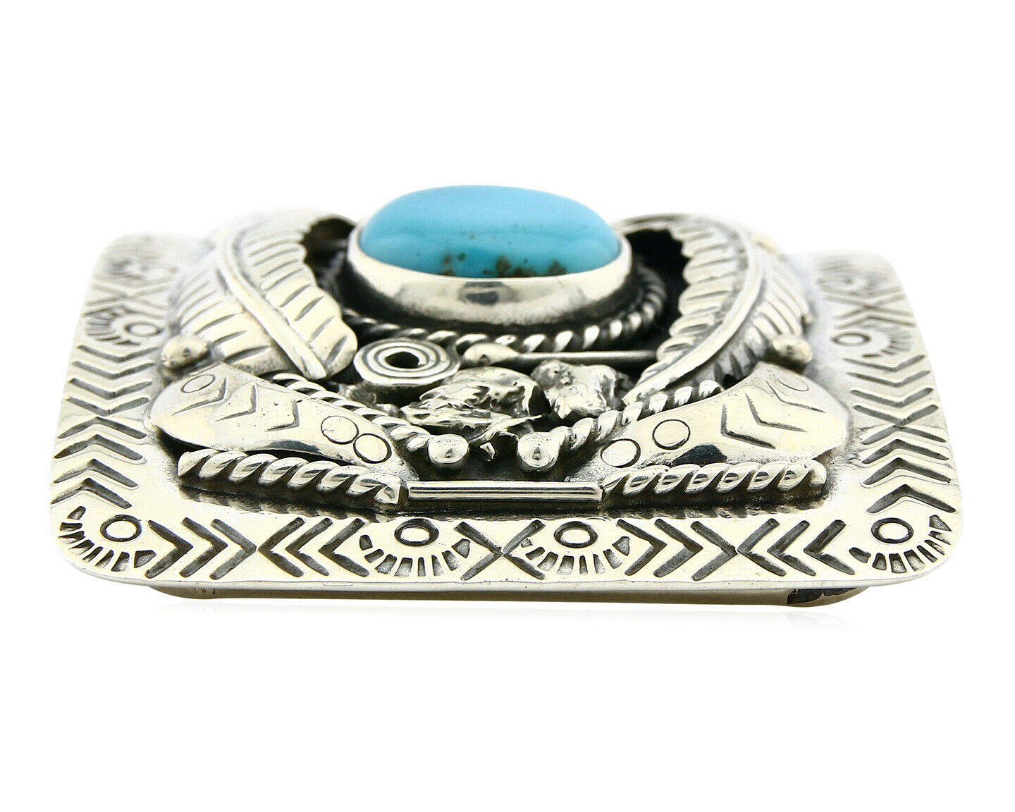 Navajo Belt Buckle .925 Silver Turquoise Mountain Artist Signed Tipi C.80's