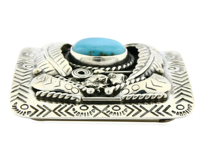 Navajo Belt Buckle .925 Silver Turquoise Mountain Artist Signed Tipi C.80's