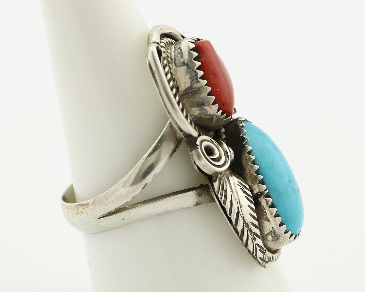 Navajo Ring 925 Silver Blue Turquiose & Coral Artist Signed Justin Morris C.80's