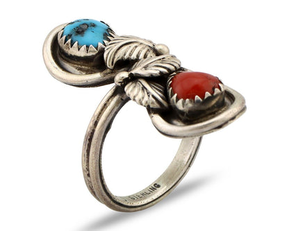 Navajo Ring 925 Silver Blue Turquiose & Mediterranean Coral Native Artist C.80's