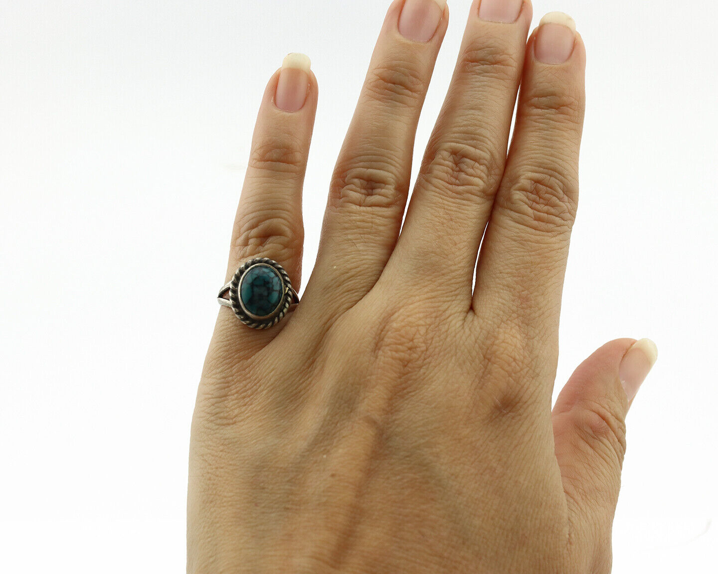 Navajo Ring .925 Silver Spiderweb Turquoise Native Artist C.1980's