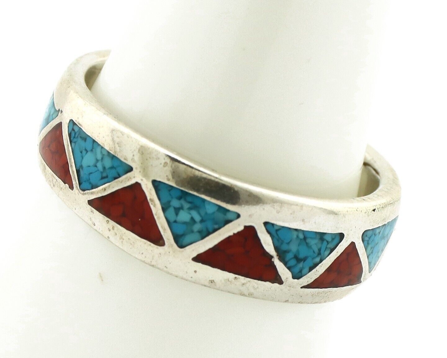 Navajo Chip Inlay Ring 925 Silver Sleeping Beauty Turquoise & Coral Silver Cloud