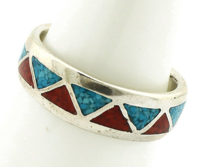 Navajo Chip Inlay Ring 925 Silver Sleeping Beauty Turquoise & Coral Silver Cloud