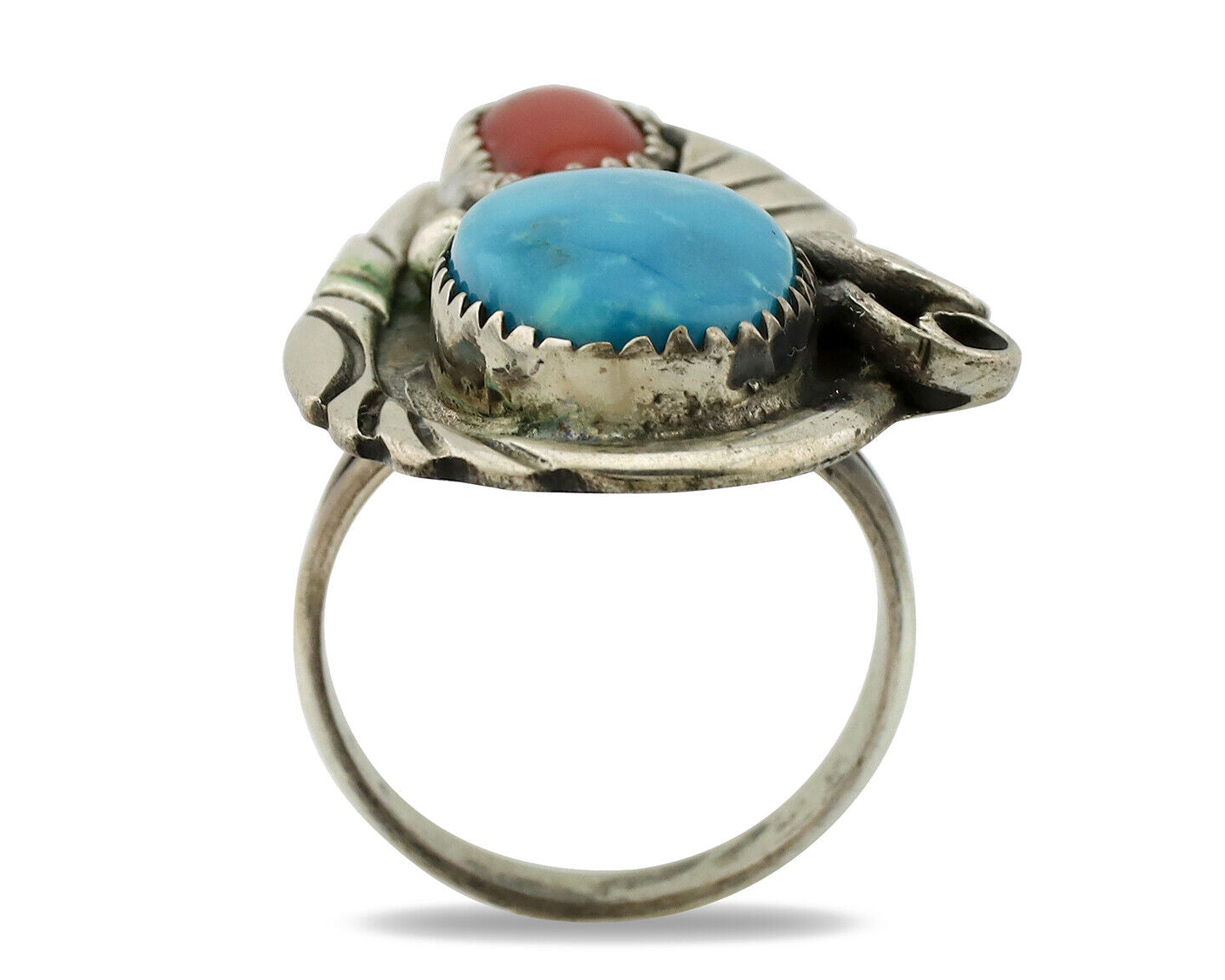 Navajo Ring 925 Silver Turquoise & Coral Artist Signed Native American C.80s