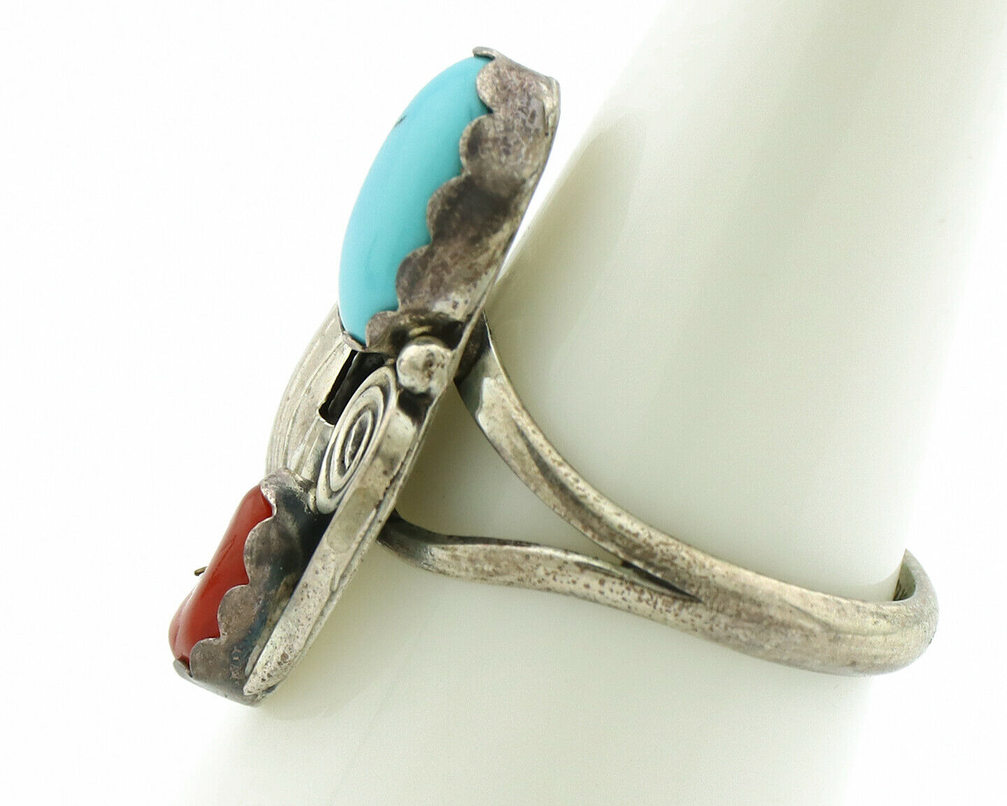 Navajo Ring .925 Silver Turquoise & Coral Native American Artist C.1980's