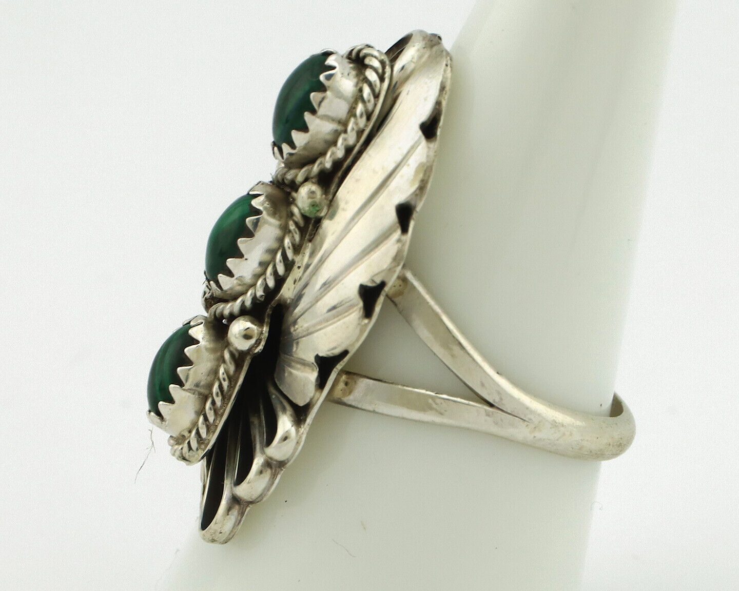 Navajo Ring 925 Silver Natural Green Malachite Signed Justin Morris C.80's