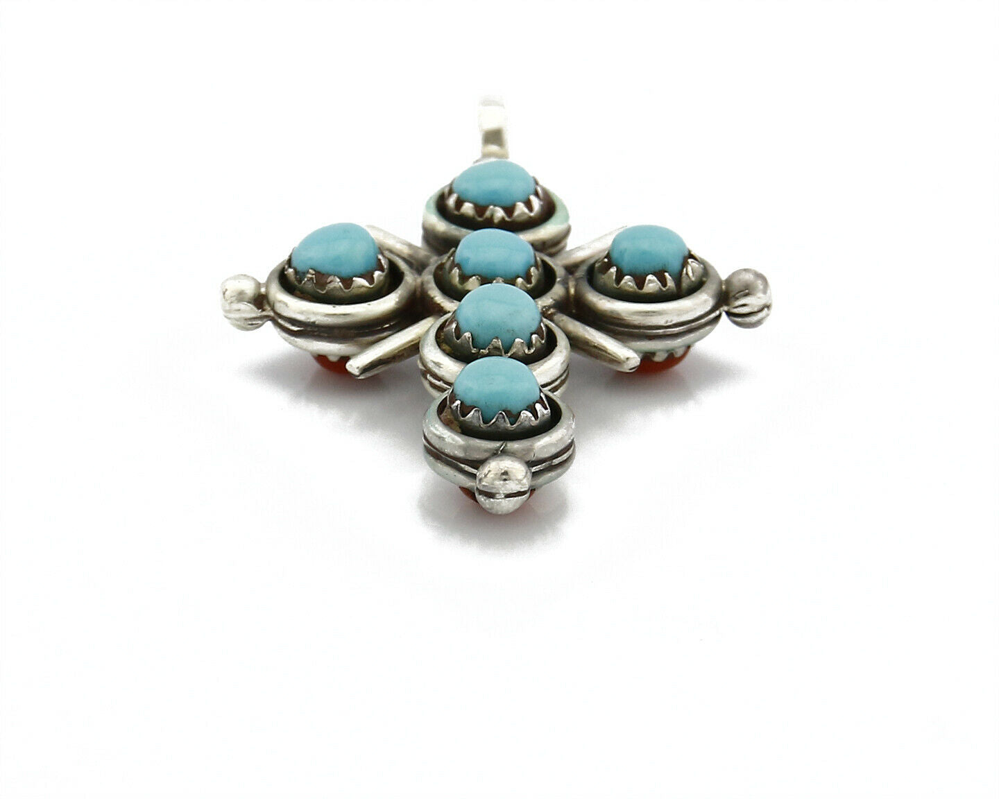 Zuni Natural Turquoise and Coral Reversible 925 Silver Handmade Pendant