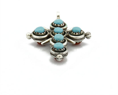 Zuni Natural Turquoise and Coral Reversible 925 Silver Handmade Pendant
