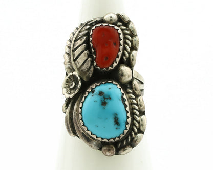 Navajo Ring .925 Silver Turquoise & Coral Artist Signed Thomas Singer C.80's