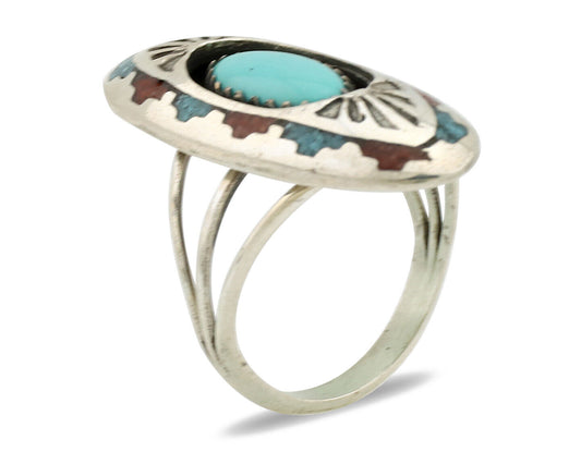Navajo Ring 925 Silver Turquoise & Coral Signed Circle JW C.80s