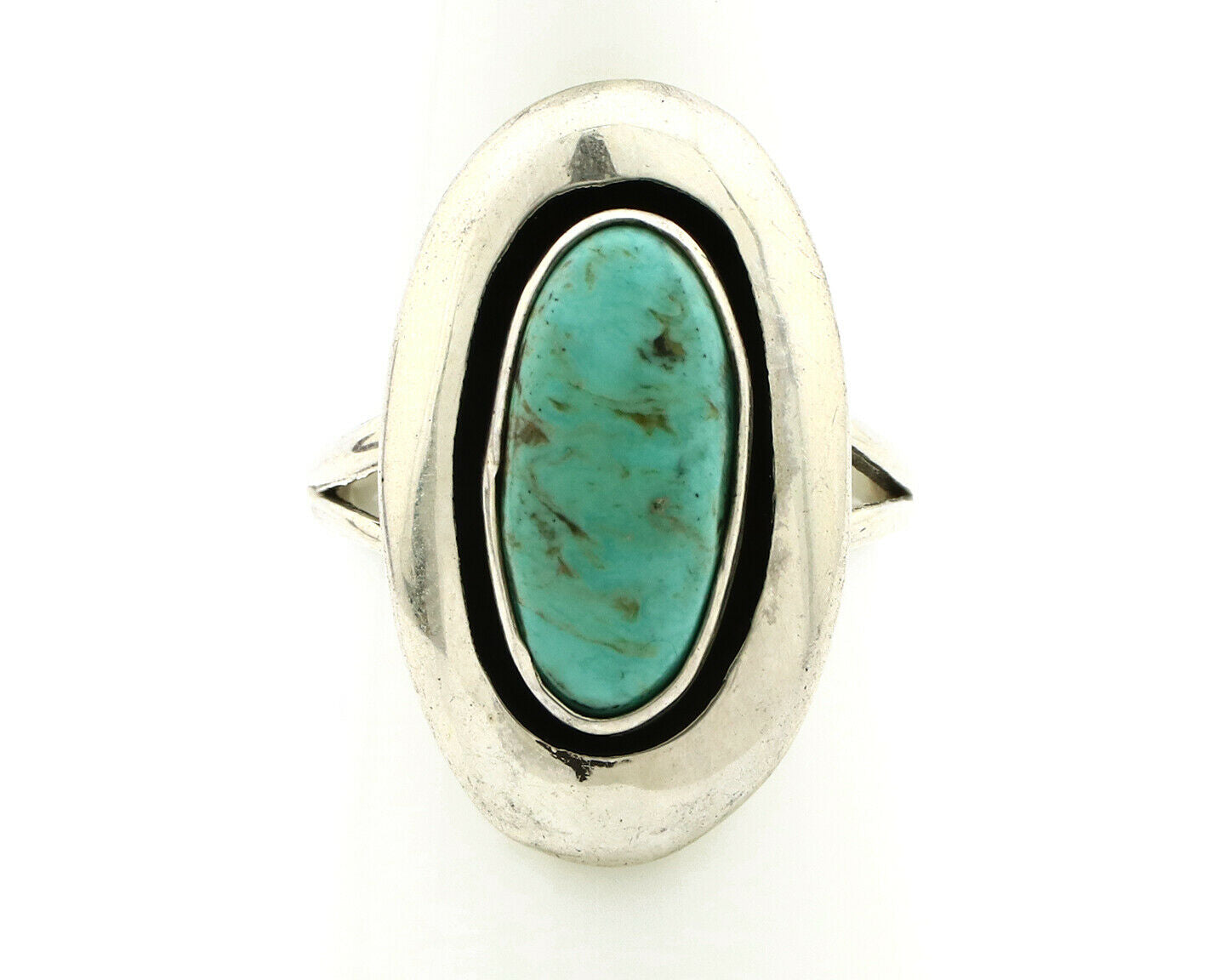 Navajo Shadow Box Ring .925 Silver Kingman Turquoise Signed M Montoya C80s