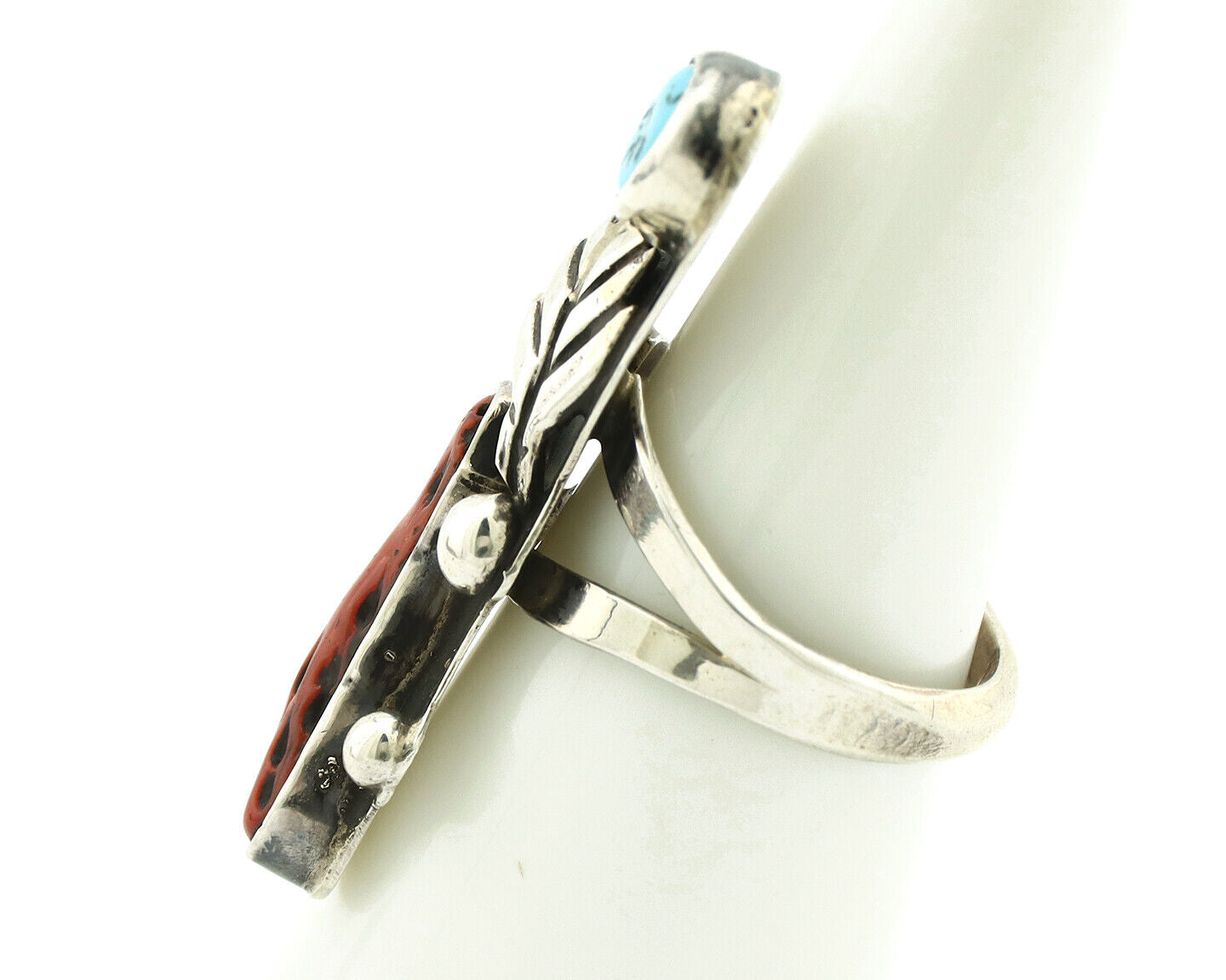Navajo Ring 925 Silver Coral & Sleeping Beauty Turquoise Native Artist C.80's