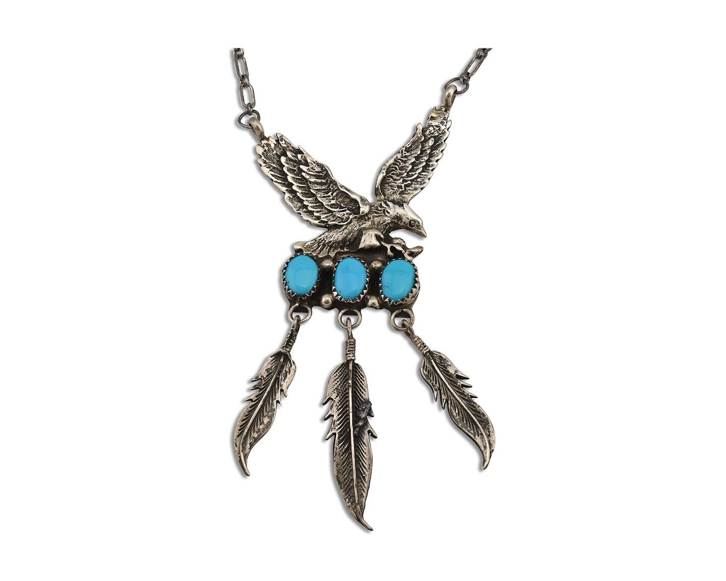 Navajo Necklace 925 Silver Sleeping Beauty Turquoise Artist Signed RB C.80's