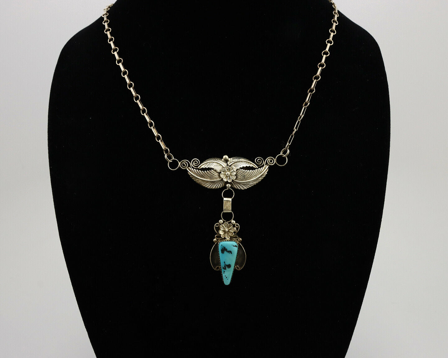 Navajo Necklace .925 Silver Sleeping Beauty Turquoise Signed K C.80's