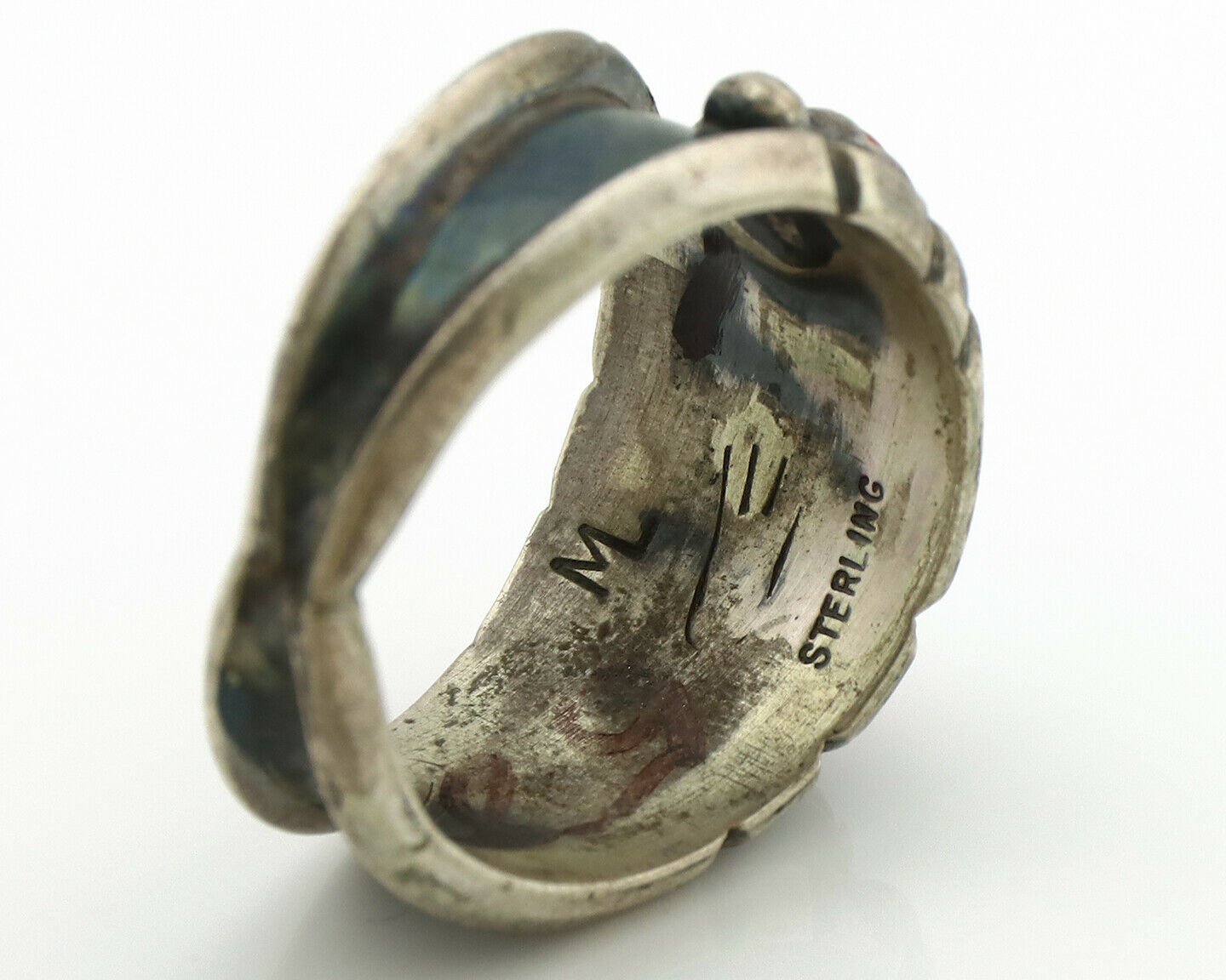 Zuni Ring .925 Silver Turquoise & Coral Artist Signed Milton Lasillo C.80's