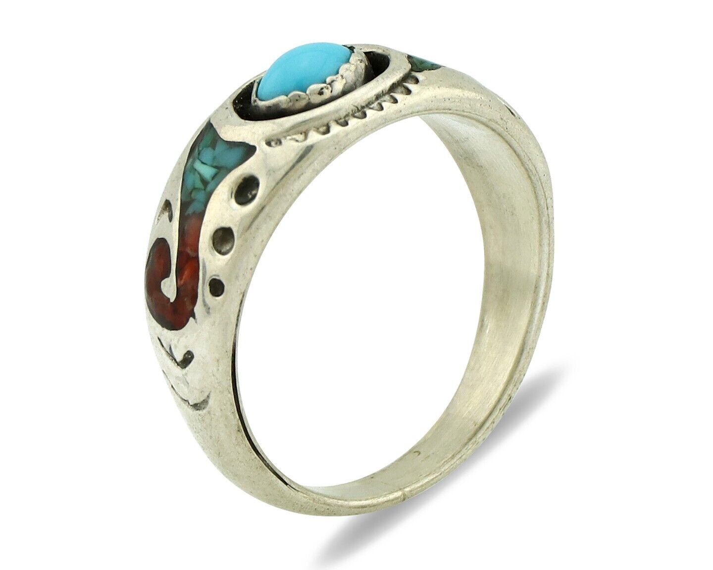 Navajo Handmade Ring 925 Silver Blue Turquoise & Coral Native American C.80's