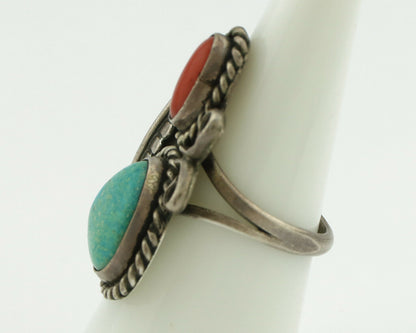 Navajo Ring .925 Silver Turquoise & Coral Native American Artist C.1975's