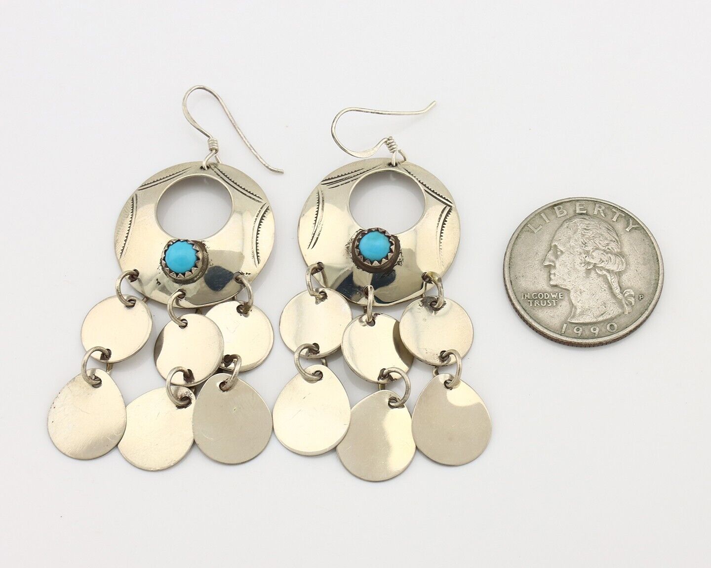 Navajo Handmade Earrings 925 Silver Blue Turquoise Signed Vera Jane C.80's