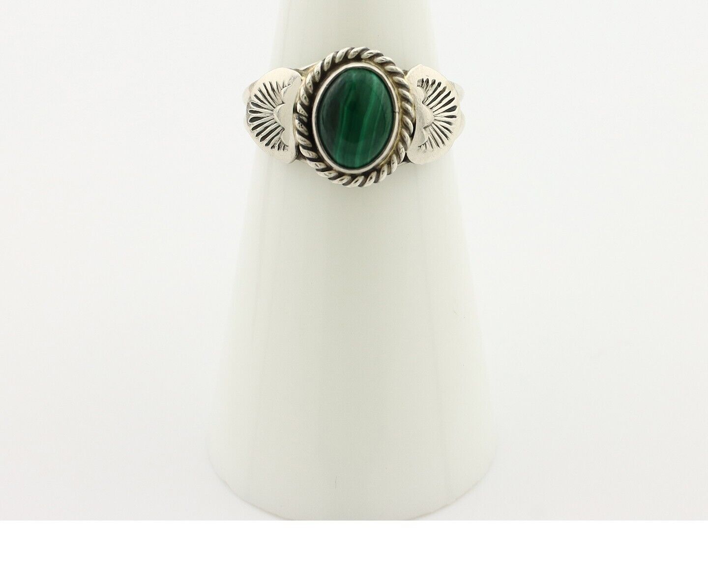 Navajo Ring .925 Silver Malachite Hand Stamped Native American Artist C.80's