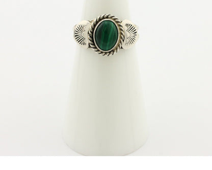 Navajo Ring .925 Silver Malachite Hand Stamped Native American Artist C.80's