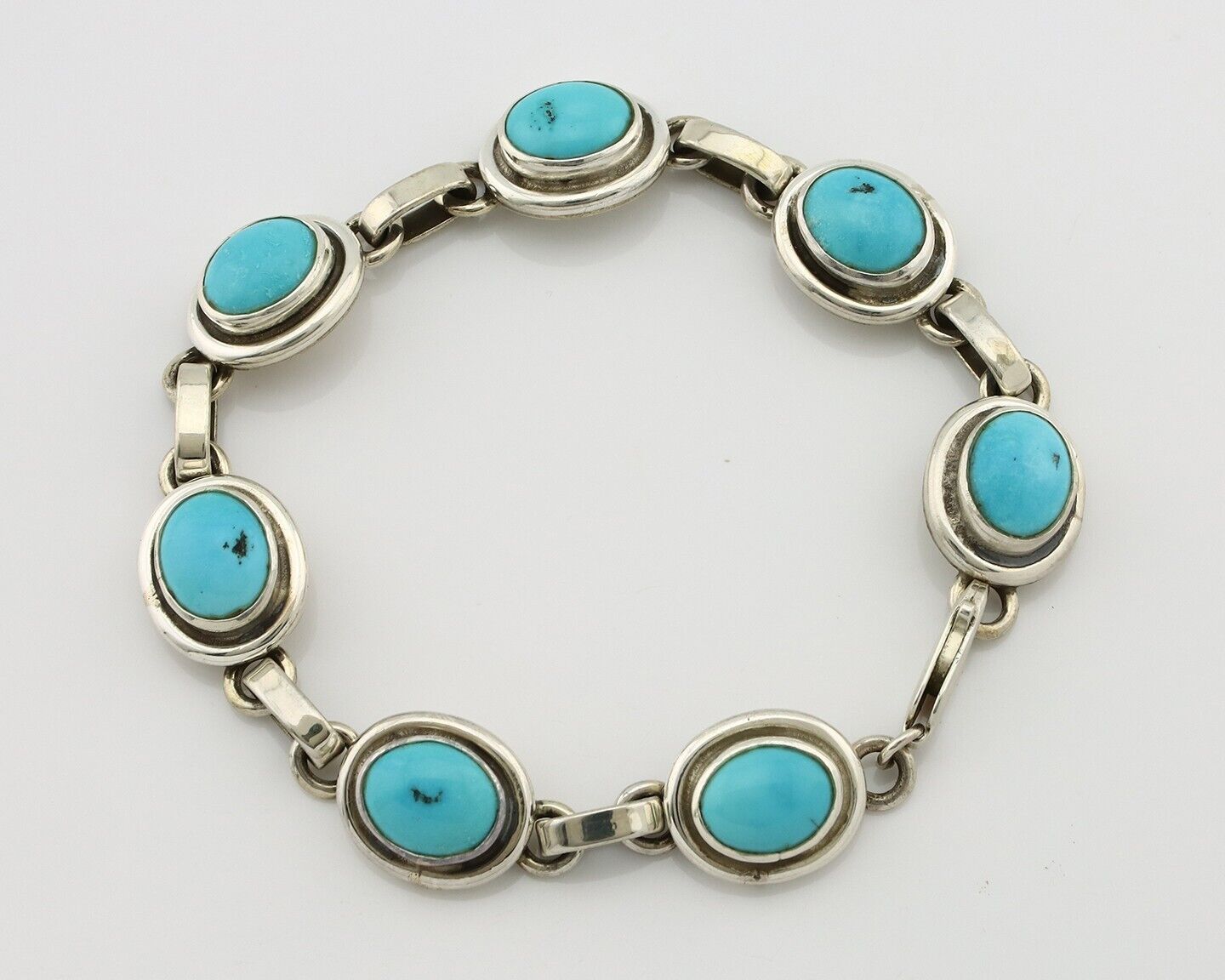 Navajo Link Bracelet .925 Silver Blue Turquoise Native American Artist C.80's