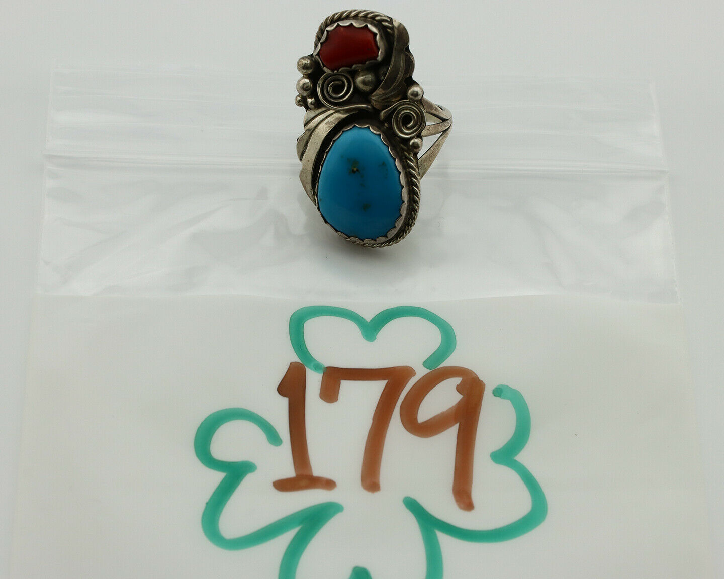 Navajo Ring .925 Silver Turquoise & Coral Artist Signed Justin Morris C.80's