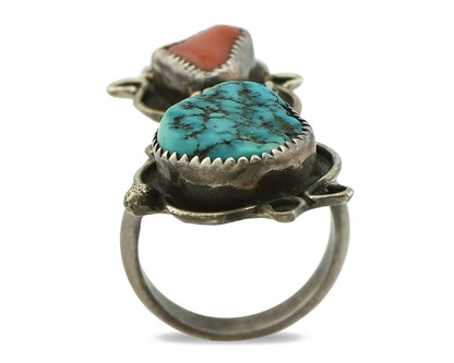 Navajo Ring .925 Silver Turquoise & Coral Native American Artist C.1980's
