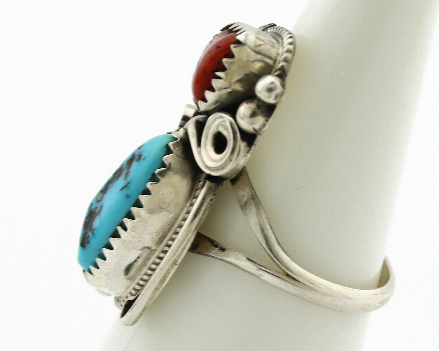 Navajo Ring .925 Silver Turquoise & Coral Artist Signed J Morris C.80's